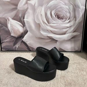 Black Faux Leather Platform Slides